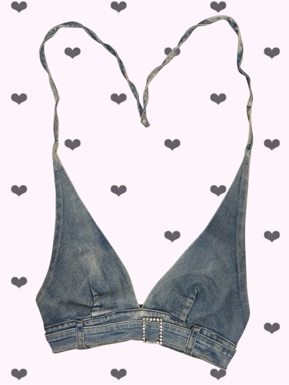 New Pink Denim Halter Top Rhinestone Buckle Strap Detail Size Medium